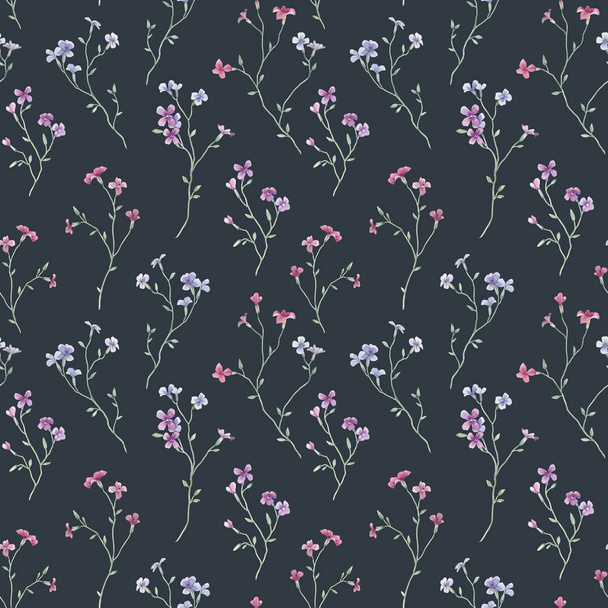 Beautiful seamless floral pattern with gentle watercolor hand drawn purple wild field flowers. Stock illustration. - Foto, Imagen