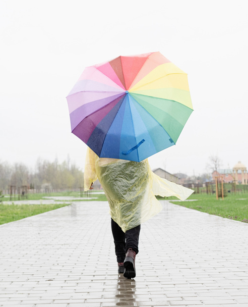 Frau in gelbem Regenmantel mit Regenbogenschirm im Regen. Menschen von hinten, Rückansicht - Foto, Bild