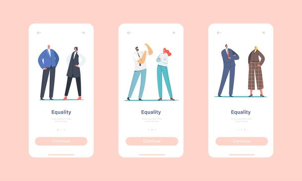 Гендерний баланс та рівність сторінки мобільного додатку на екрані. Бізнесмен і бізнесмен на рівних правах
 - Вектор, зображення