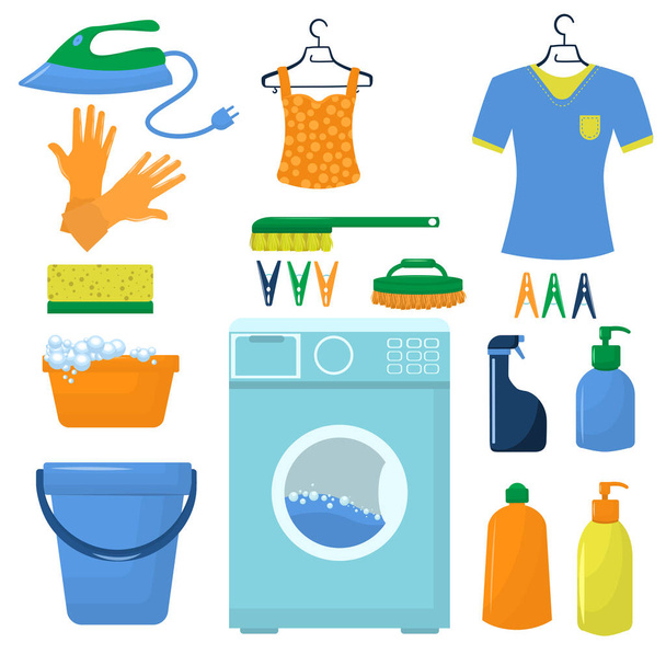  A set of vector illustrations on the theme of cleaning and washing. Washing machine, iron and detergents. Isolated on a white background - Vector, Image