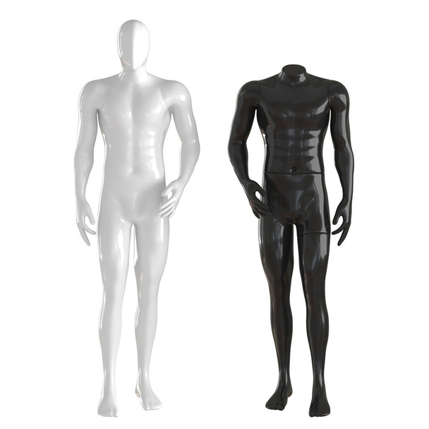 Twee mannelijke mannequins wit met een abstract gezicht en zwart zonder hoofd op een geïsoleerde achtergrond. Vooraanzicht. 3d destructie - Foto, afbeelding