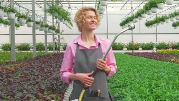Portret blonde vrouw is blij om water te geven en te zorgen voor bloemzaailingen. Biologische landbouw en voorjaarstuinbouw. - Video