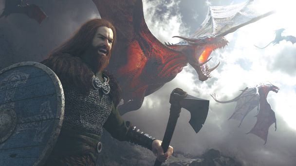 nagy sárkányok egy csatában egy viking kezében egy fejsze és pajzs egy felhős nap harc - concept art - 3D renderelés  - Fotó, kép