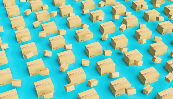 scatola di cartone modello di consegna su sfondo blu pastello con piccole scatole galleggianti. rendering 3d - Foto, immagini