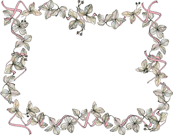 Frame of hydrangea petals with pink ribbon, watercolor illustration in sketch style. Romantic border with copyspace, isolated on white background. Delicate pastel, elegant invitation, vintage floral for wedding, birthday, greeting design. - Foto, immagini