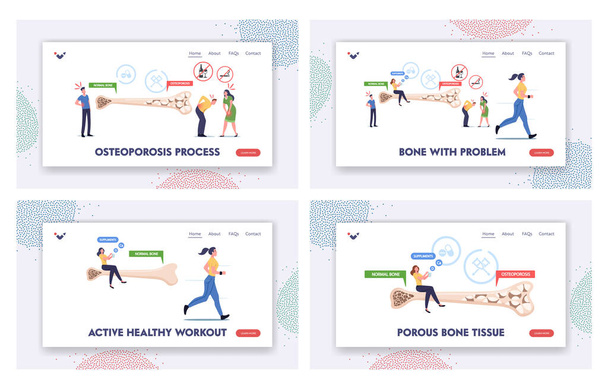 Osteoporosis Landing Page Template Set. Tiny Male Female Characters with Bones Disease Symptoms near Huge Bone - ベクター画像