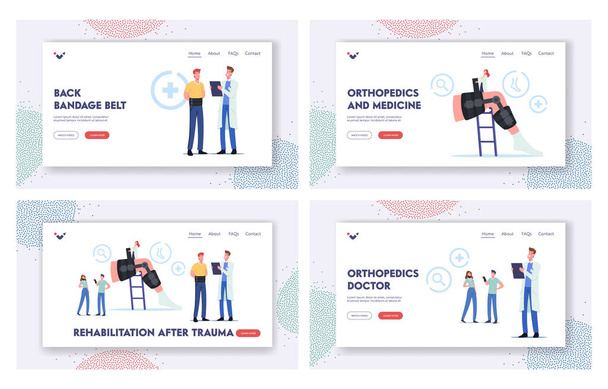 Orthopedics Healthcare Landing Page Template. Tiny Orthopedist Doctor Character at Huge Leg with Bandage Brace - Vettoriali, immagini