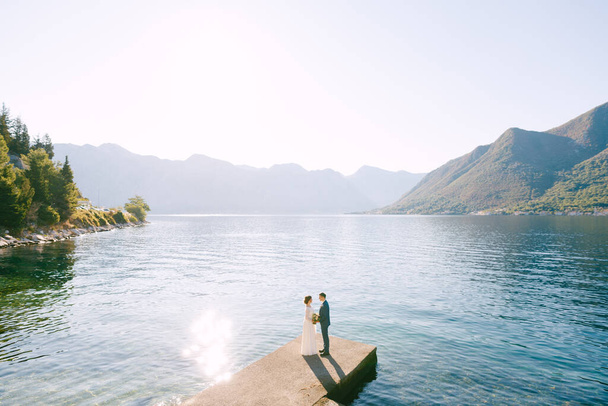 Newlyweds stand on the pier holding hands on a sunny warm day against the backdrop of mountains - Фото, изображение