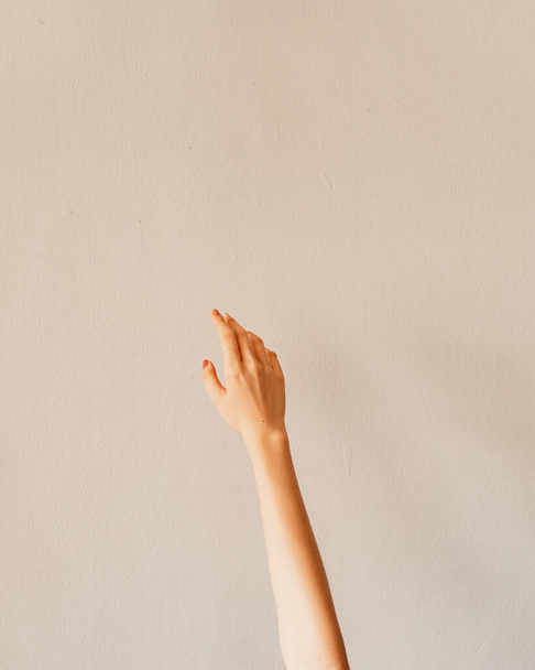 A vertical shot of a woman's hand on a beige background - Foto, imagen