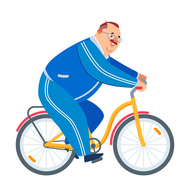 Παππού ιππασία πάρκο ποδήλατο. Ενεργός γηρατειά, ηλικιωμένος. Υγιής ποδηλασία ηλικιωμένων αθλητών. Ευτυχισμένος χοντρός συνταξιούχος που γυμνάζεται ενώ κάνει ποδήλατο. Εικονογράφηση φορέα κινουμένων σχεδίων. - Διάνυσμα, εικόνα