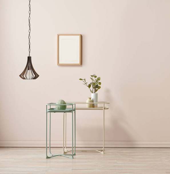 Koncepcja lampy dekoracyjnej w pomieszczeniu, ścianie i wazonie roślin, ramka zielony stolik kawowy. - Zdjęcie, obraz