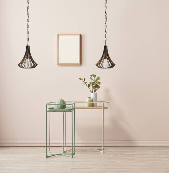 Dekorativní koncept lampy v místnosti, stěna a váza z rostlin, rám zelený konferenční stolek. - Fotografie, Obrázek