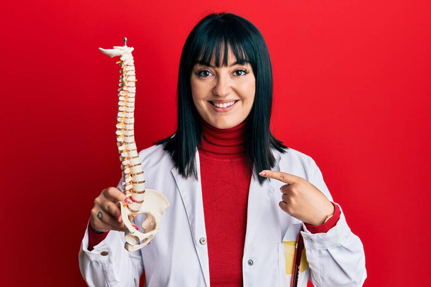 Młoda latynoska lekarz kobieta trzyma anatomiczny model kręgosłupa uśmiechając szczęśliwy wskazując ręką i palcem  - Zdjęcie, obraz