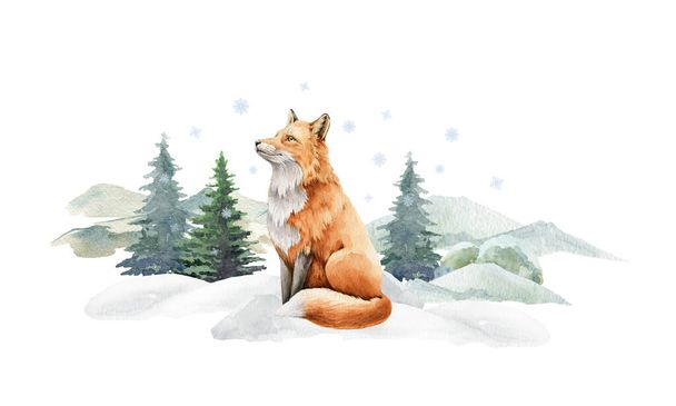 Fox animal en el paisaje de invierno. Ilustración en acuarela. Zorro rojo lindo salvaje en el bosque de invierno. Impresión de imagen festiva. Animal peludo con pelaje rojo sobre nieve blanca y abetos. Vista lateral del bosque animal - Foto, Imagen