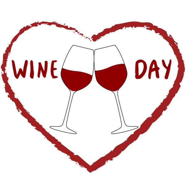 Drawing of two glasses of wine on a white isolated background in a frame made of hearts. Vector illustration. Glasses with red wine. Wine day.  - Vector, Image