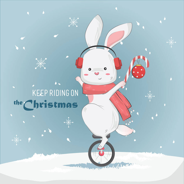 cartoon vector illustratie van schattig konijn op mono fiets  - Vector, afbeelding