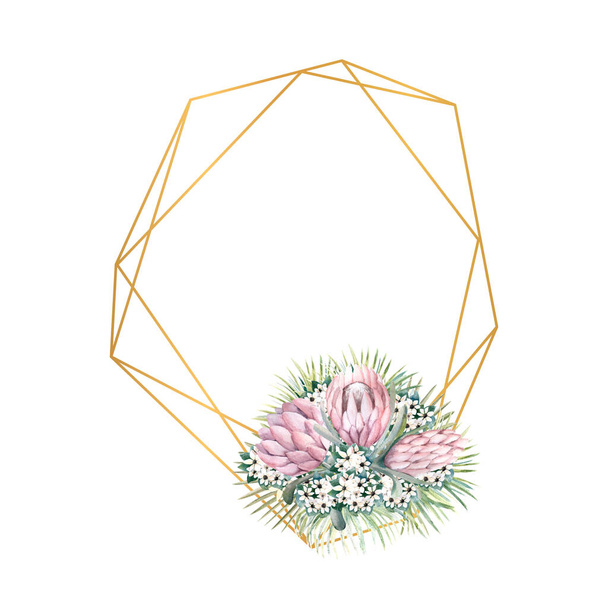 Geometric gold frame with protea flowers, tropical leaves, palm leaves, bouvardia flowers. Wedding bouquet in a frame for the design of a stylish invitation. Watercolour illustration - Фото, зображення