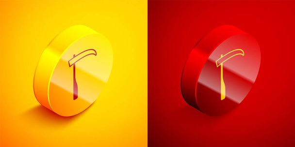 Isometric Scythe icon isolated on orange and red background. Happy Halloween party. Circle button. Vector. - Vector, Image