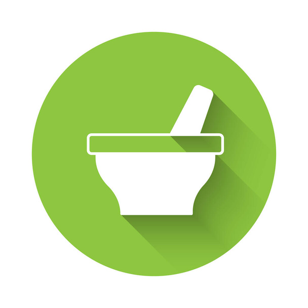 White Mortar and pestle icon isolated with long shadow. Green circle button. Vector. - Vector, Image