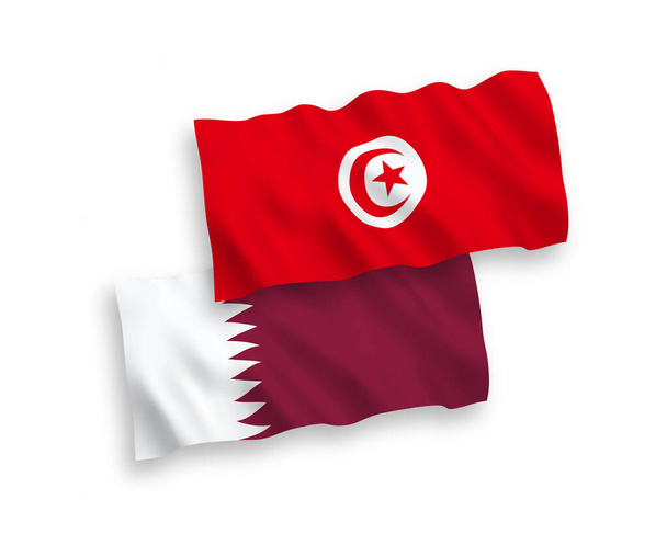 Bandeiras de tecido vetorial nacional da República da Tunísia e do Catar isoladas em fundo branco. Proporção de 1 a 2. - Vetor, Imagem