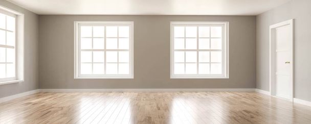 порожній вінтажний інтер'єр вітальні з великими вікнами та дерев'яною підлогою 3d ілюстрація
 - Фото, зображення