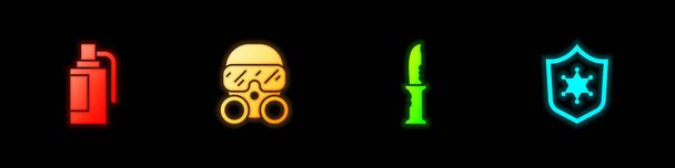 Set Hand grenade, Gas mask, Military knife and Police badge icon. Vector. - Vector, Image