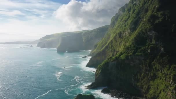 Mountains of Casa do Gato Tomas surrounded atlantic ocean, Flores Island, Azores - Footage, Video