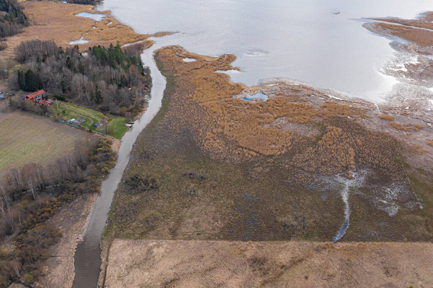 Foto aus der Drohne. ein schmaler Fluss fließt in die Bucht. Finnland. Skandinavische Natur im zeitigen Frühling. Gelbes Gras auf den Feldern. In der Bucht gibt es viel Schilf. - Foto, Bild
