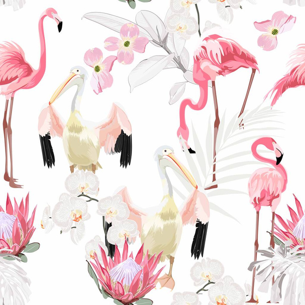 Tropical vintage white palm leaves and pink flowers, pelican flamingo birds floral seamless pattern on white background. Exotic jungle bird wallpaper. - Vektor, kép