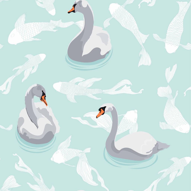 Belo padrão sem costura com cisnes silhueta de pássaro e azul peixe ilustração no fundo azul hortelã. - Vetor, Imagem
