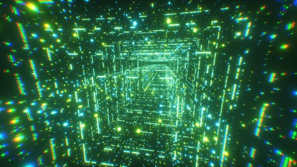 Tunnel digitaler Technologie. 3D-Illustration Big Data Digitaler quadratischer Korridor mit futuristischer Matrix. Binärcode-Teilchennetzwerk. Hintergrund: Bewegungs- und Kommunikationstechnologie. Blinkende Teilchen. - Foto, Bild