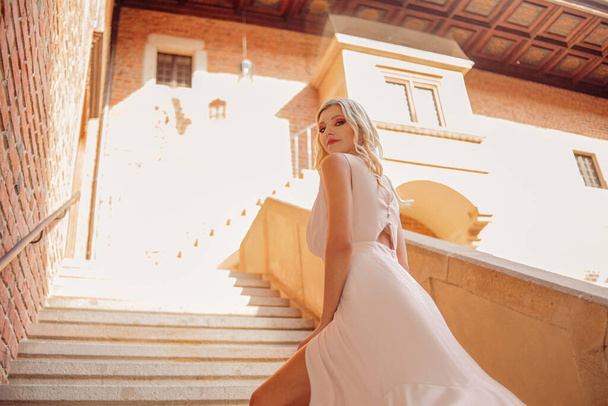 Beautiful lady in luxurious pink ballroom dress. Blond walking along the old castle. The blonde looks at the camera and travels through the historic city. Open leg dress. - Fotografie, Obrázek