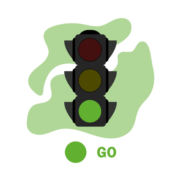 Yeşil renkli trafik ışığı çizimi. Beyaz arka planda izole edilmiş basit hisse senedi vektör çizimi. Düz yeşil trafik ışığı, renkli nokta ve GO mesajı. Semfore simgesi, yolda uyarı. - Vektör, Görsel
