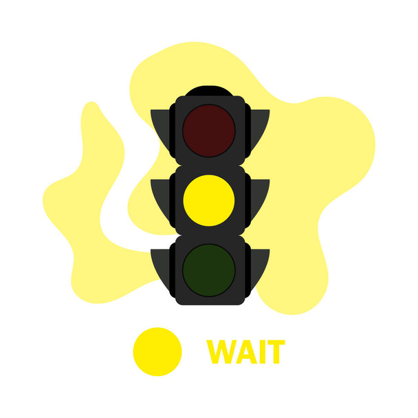 Traffic light illustration with yellow color. Simple stock vector illustration isolated on white background. Flat yellow traffic light with color spot and text WAIT. Semaphore icon, warning on road. - Vector, Image