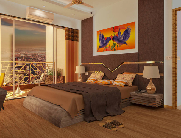 3D gerendert Schlafzimmer Design-Bett mit Beistelltisch. Blaue Liebe Vogel Malerei an der Wand - Foto, Bild
