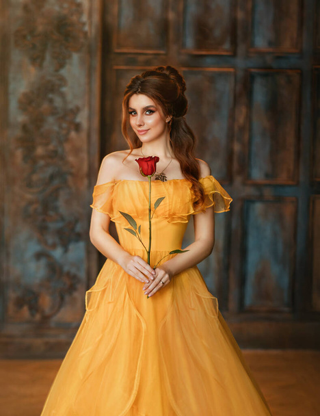 Girl beauty fantasy princess in yellow long historical, medieval silk dress holding flower red rose in her hands. Background of old gothic castle room. Fairy tale bewitched queen. Happy woman smiles - Fotografie, Obrázek