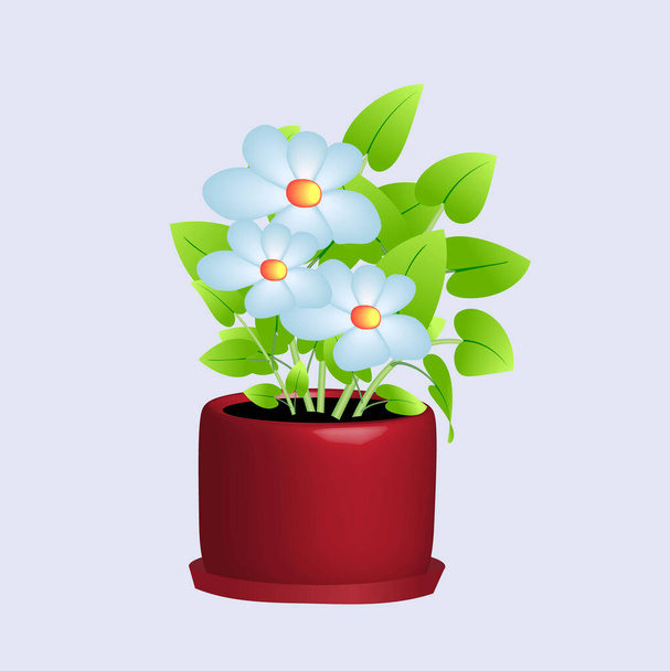 Pot rouge avec de belles fleurs bleues. Illustration vectorielle. - Vecteur, image