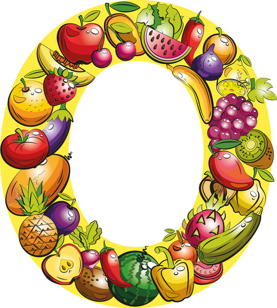 letter O. Fruit letters. Collage of colored fruits and vegetables on the letter of the alphabet - Vetor, Imagem