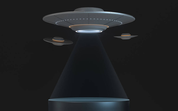 Naves espaciales OVNI de ciencia ficción, representación 3D. Dibujo digital informático. - Foto, imagen