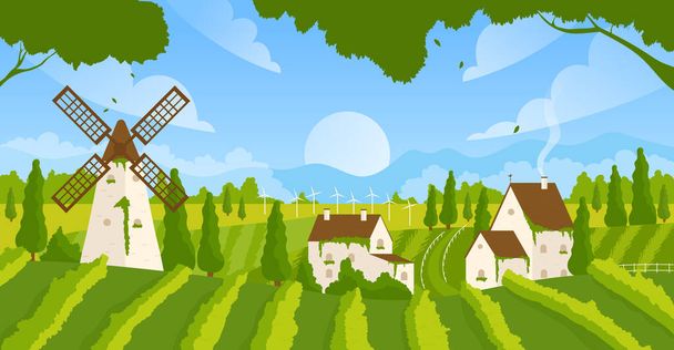 Vignoble paysage rural d'été avec vignes en pleine croissance, maisons de ferme et moulin à vent - Vecteur, image