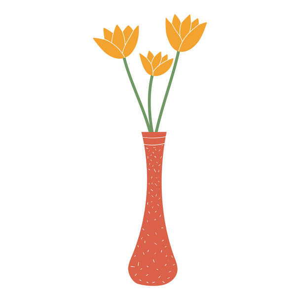 白い背景に孤立した赤い花瓶にかわいい黄色のチューリップの花。春のコンセプト。平面ベクトル図. - ベクター画像