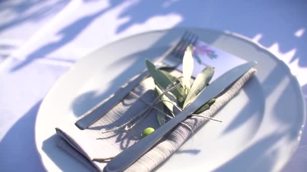 Talíř, příbory a ubrousek na slavnostním stole, zdobené olivovým potahem - Záběry, video