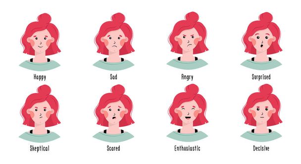 Collecte de différentes émotions. Expressions faciales d'une femme aux cheveux roses. Avatar de fille. Illustration vectorielle. - Vecteur, image