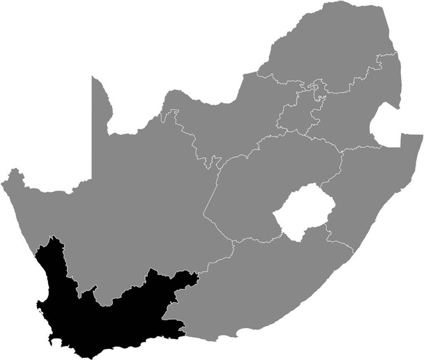 Zwart gemarkeerde kaart van de locatie van de Zuid-Afrikaanse westelijke Kaap provincie in grijze kaart van de Republiek Zuid-Afrika - Vector, afbeelding