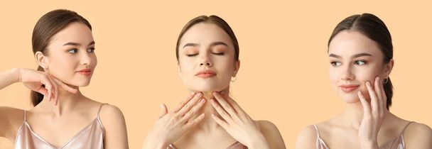 jonge vrouw geven zichzelf gezicht massage op kleur achtergrond - Foto, afbeelding
