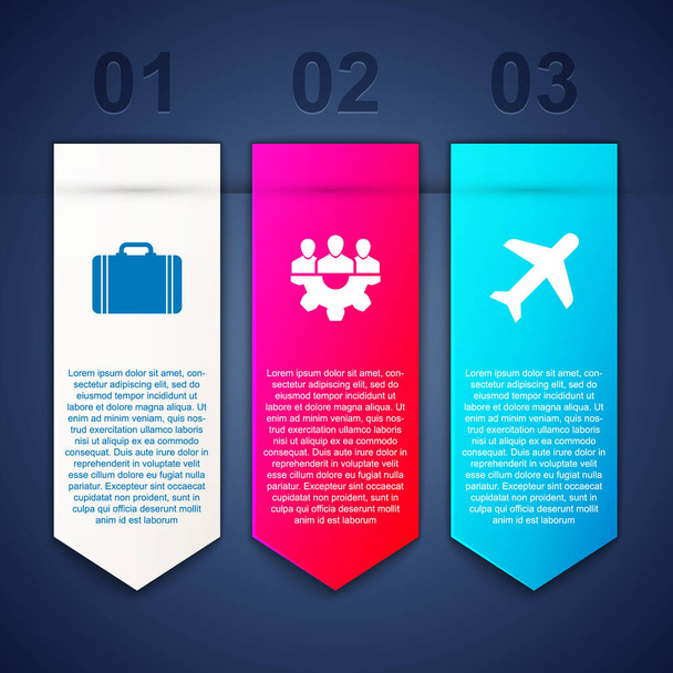 Állítsa bőrönd utazás, Project csapat bázis és a repülőgép. Üzleti infografikai sablon. Vektor - Vektor, kép