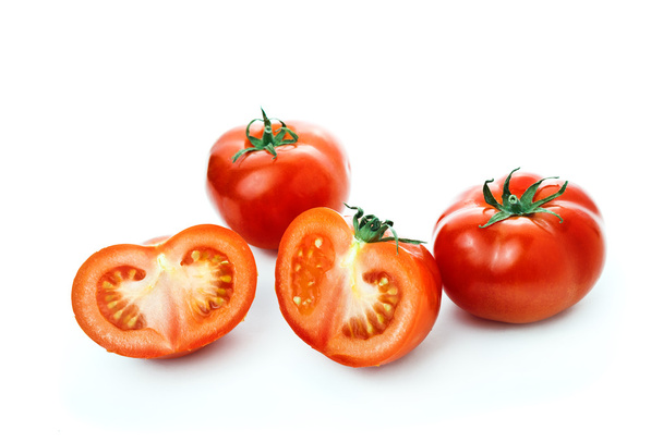 Fresh red Tomato and half slices on white background - Foto, Imagen