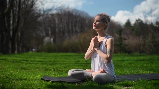 Йога и медитация на открытом воздухе. Девушка в парке - Кадры, видео