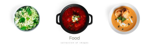 Salada de legumes, borscht e sopa de abóbora isolada em um fundo branco. Banner de comida. - Foto, Imagem