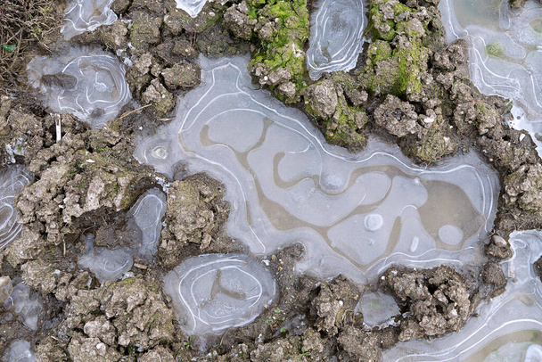 замороженные маленькие пруды фон на грязной природной местности - Фото, изображение